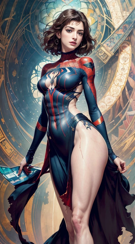 Anne Hathaway、Sticking out the navel、newyork、She wears a torn Spider-Man suit,wearing skirt、abstract photorealistic、artistic、Alphonse Mucha's painting(masterpiece、top-quality、hight resolution:1.4)、detaileds、複雑なdetaileds、4K、color splashes、line-drawing、Fibonacci、
