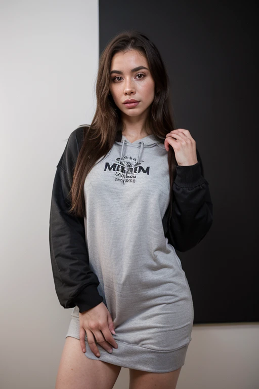 ((best quality)), ((masterpiece)), (detailed), perfect face realistic photo of beautiful woman with long dark brown hair, Russian, influencer, light freckles, dark brown eyes, big lips, no makeup, instagram, standing next to black wall, wearing sexy oversized hoodie dress