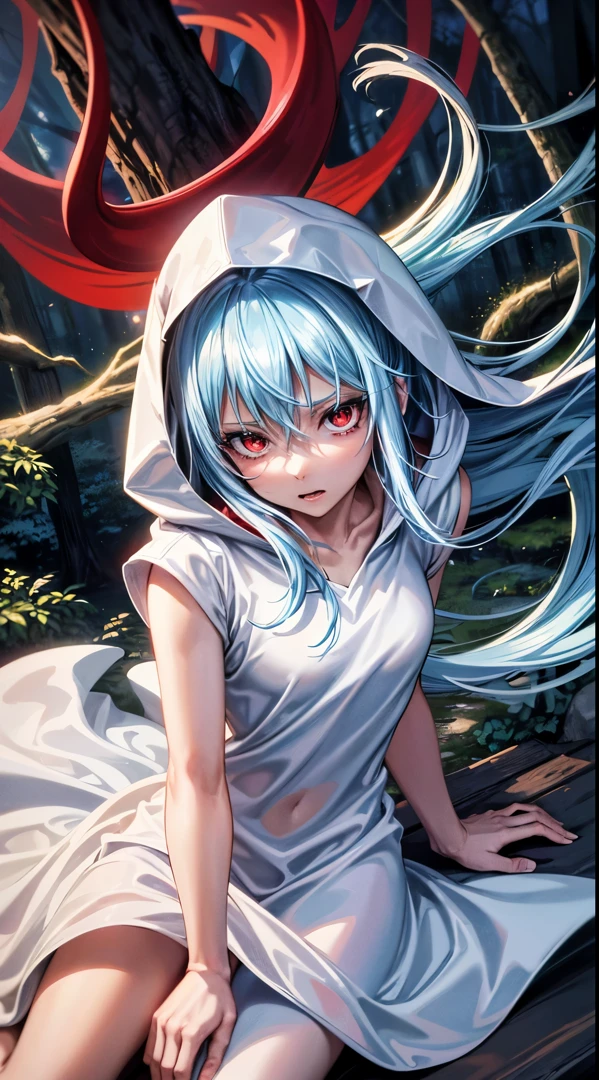 (an adult tensei shitara slime anime character) Rimuru Tempest, with prominent and piercing eyes of a (((scarlet red))), which exude an aura of cold determination and a sharp intelligence, (hair is light heavenly blue), flowing and smooth, neutral mouth, cold gaze, reflecting an unshakable personality and an indomitable spirit, The white hood that covers the character's head adds a touch of mystery and nobility, complementing his enigmatic and powerful presence, complete character, ((( setting in the forest))), white skin, highly detailed scenery, (wearing a white sheet)