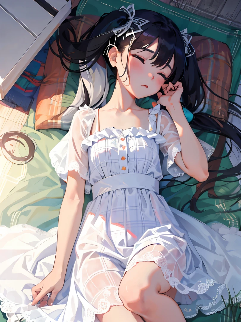 (masterpiece,Highest Quality),(),((white plaid dress)),(A dark-haired,long twintail),sleepy expression,Delicate body,The wind is blowing