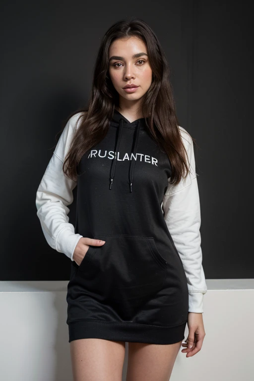 ((best quality)), ((masterpiece)), (detailed), perfect face realistic photo of beautiful woman with long dark brown hair, Russian, influencer, light freckles, dark brown eyes, big lips, no makeup, instagram, standing next to black wall, wearing sexy oversized hoodie dress