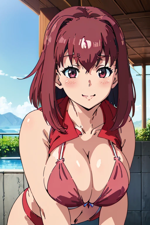 (masterpiece, top-quality, detaile, hight resolution, extremely delicate and beautiful, anime screen cap, anime colours, 8k, photorealistic), (red Micro Bikini:1.5), (huge drooping breasts:1.5, cleavage:1.5, from front:2.0), Taeko Kondou, hairband, 1girl, (), black hair, dark eyes, smile, blush, ((all fours:1.8, Upper body, breasts forcus:1.2)), ((perfect detailed anatomy, Beautiful details eyes&hair,  beautiful face, beautiful detailed breast&body, Shiny skin)), in poolside, Sweat,