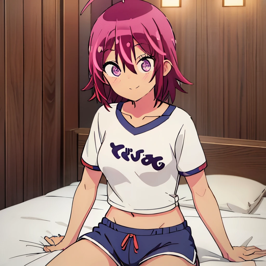 ((masterpiece)), ((best quality)), (ultra-detailed), anime style, on the bed, a cute girl, 1girl, solo, gym shorts00, ((beautiful eyes))0, smile