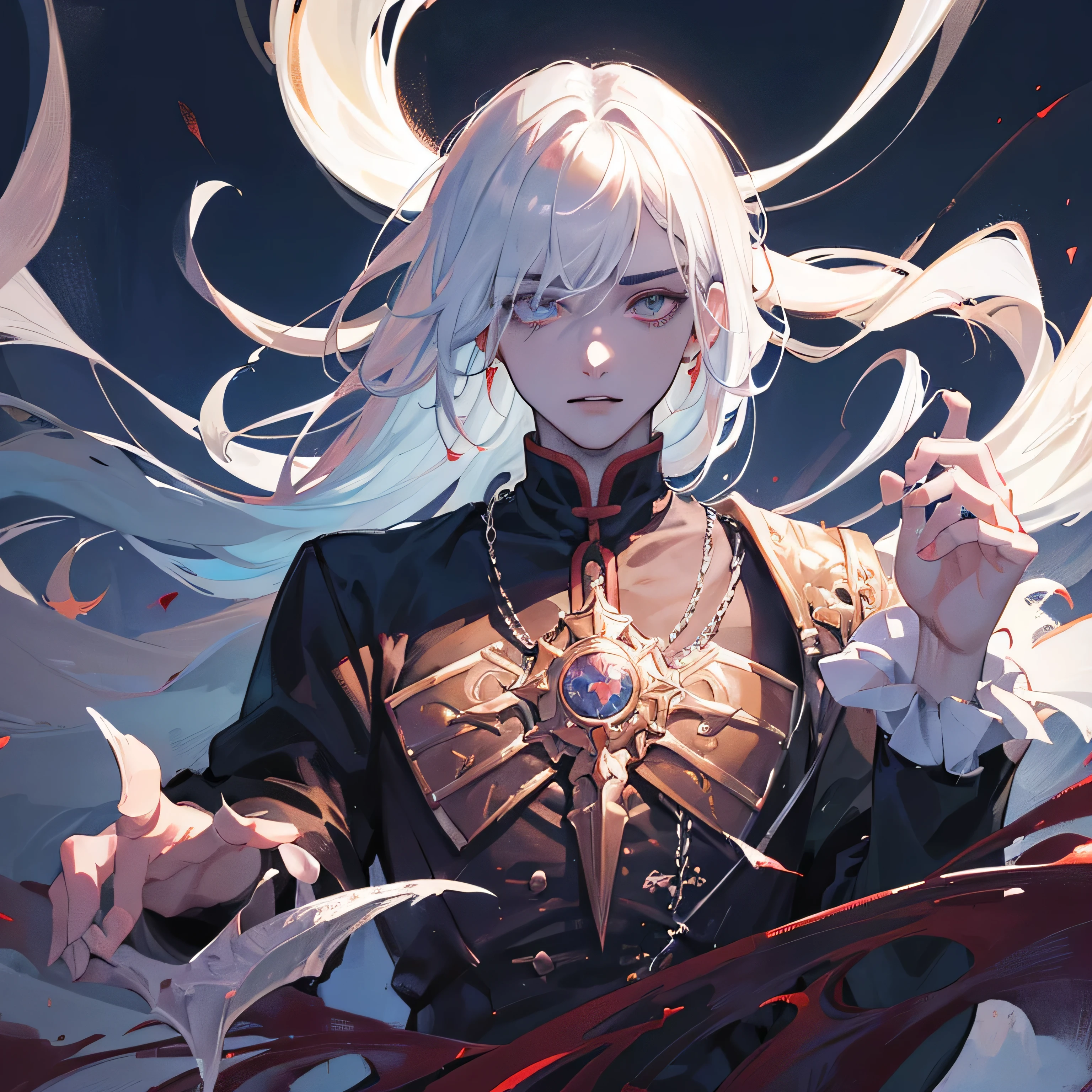 (Curse of Strahd), (anime), (corpo inteiro), (frente), (master part), (retrato), (aesthetic), (Crpo inteiro), (cabelos brancos), (alta qualidade), (aesthetic Clothes), (Professional angle), (rule of thirds), (macho), (Man), (macho), (Handsome), (macho Features), (21 anos), (vampiro atraente), 夏天, (ink mist), (Tarde), (luz vibrante)