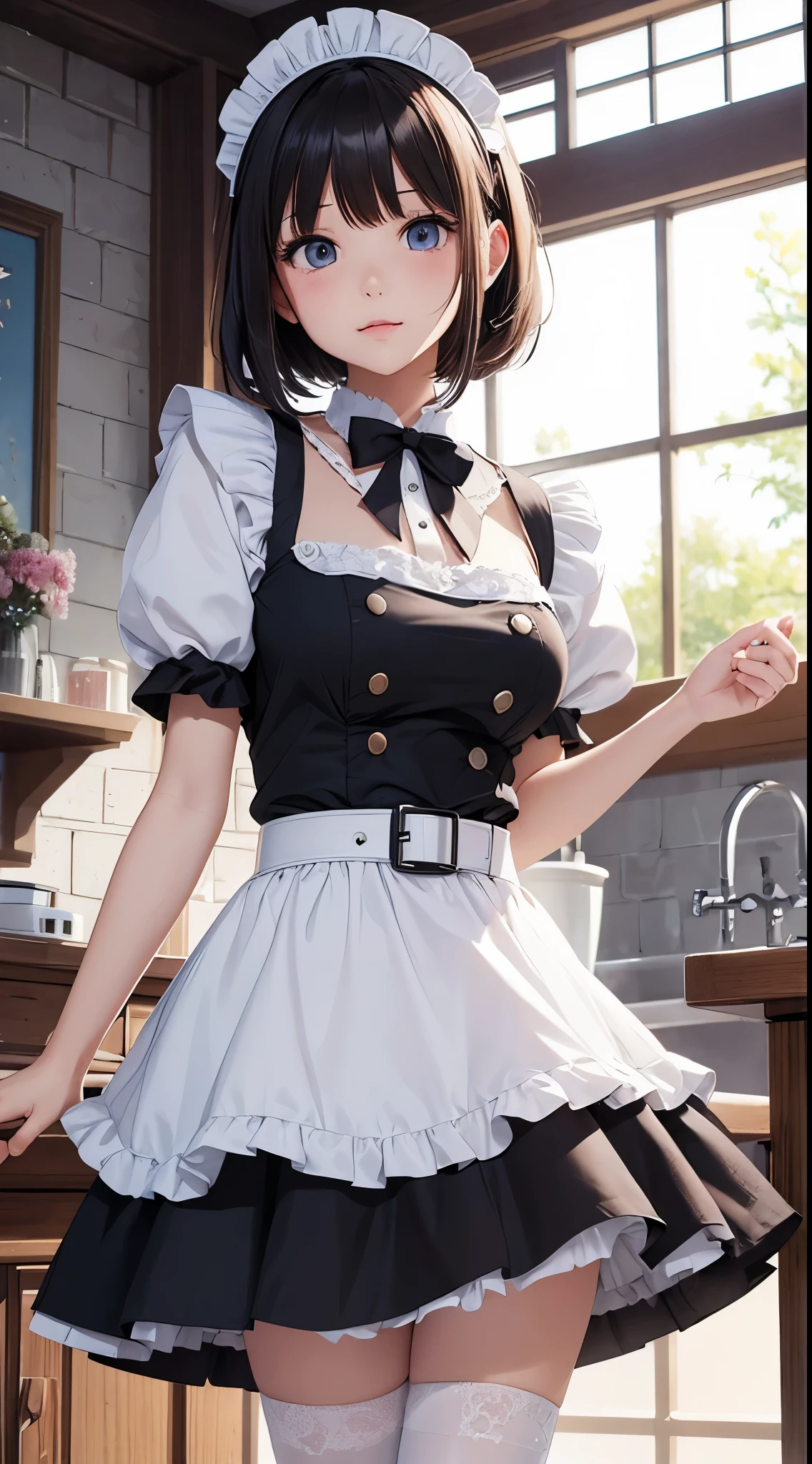 (Best Quality:1.3)、1girl in、Colossal tits、maid clothes、Head dress、a miniskirt、garterbelts、a short bob、Shyness、Cute anime illustration、Kamimei、