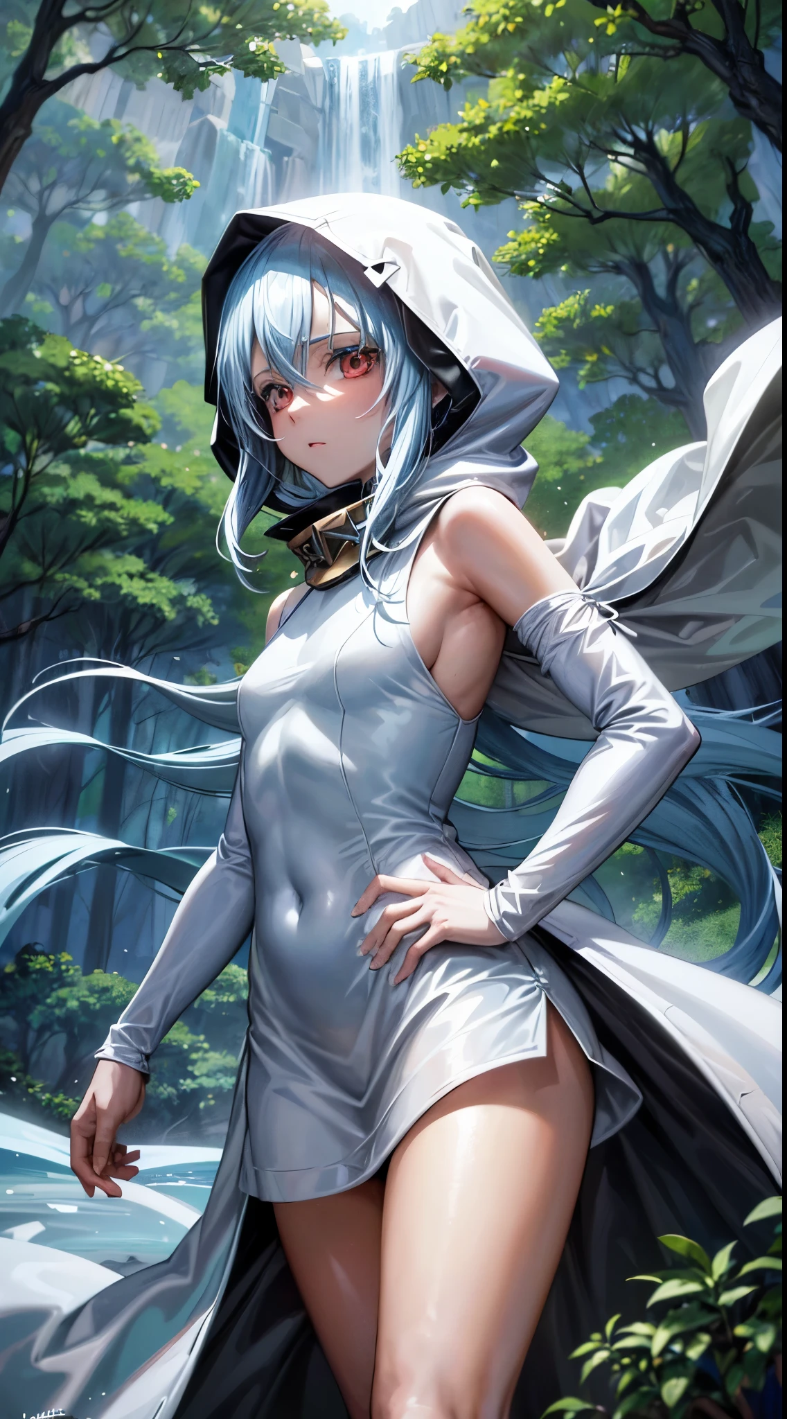 (um personagem adulto de anime tensei shitara slime) Rimuru Tempest, com olhos proeminentes e penetrantes de um (((vermelho escarlate))), who exude an aura of cold determination and a sharp intelligence, (hair is heavenly light blue), fluindo e boca suave e neutra, olhar frio, reflecting an unshakable personality and indomitable spirit, The white hood that covers the character&#39;s head adds a touch of mystery and nobility., complementing its enigmatic and powerful presence, personagem completo, ((( forest setting ))), pele branca, Highly detailed scenery, (using white sheet)