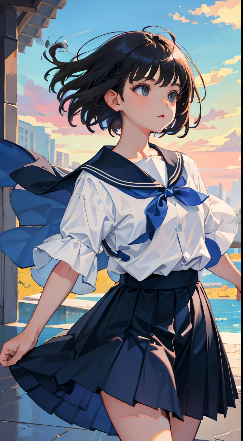 ()，（​masterpiece，Highest Quality），shortsleeves，Dark blue pleated skirt，A dark-haired，Summer Classroom，The wind is blowing