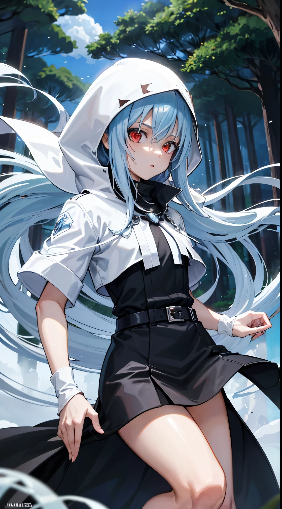 (um personagem adulto de anime tensei shitara slime) Rimuru Tempest, com olhos proeminentes e penetrantes de um (((vermelho escarlate))), who exude an aura of cold determination and a sharp intelligence, (hair is heavenly light blue), fluindo e boca suave e neutra, olhar frio, reflecting an unshakable personality and indomitable spirit, The white hood that covers the character&#39;s head adds a touch of mystery and nobility., complementing its enigmatic and powerful presence, personagem completo, ((( forest setting ))), pele branca, Highly detailed scenery, (using white sheet)