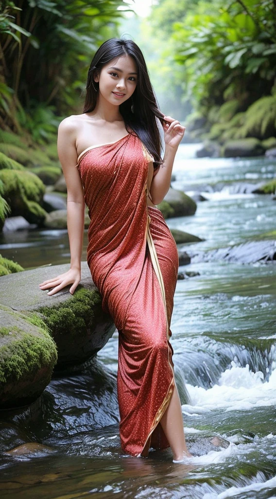 best quality, 8k, very delicate and beautiful, highly detailed face and skin texture, shiny skin, high resolution, sexy asian girl wearing Thai Sarong stand at riverside, full body, sharp focus