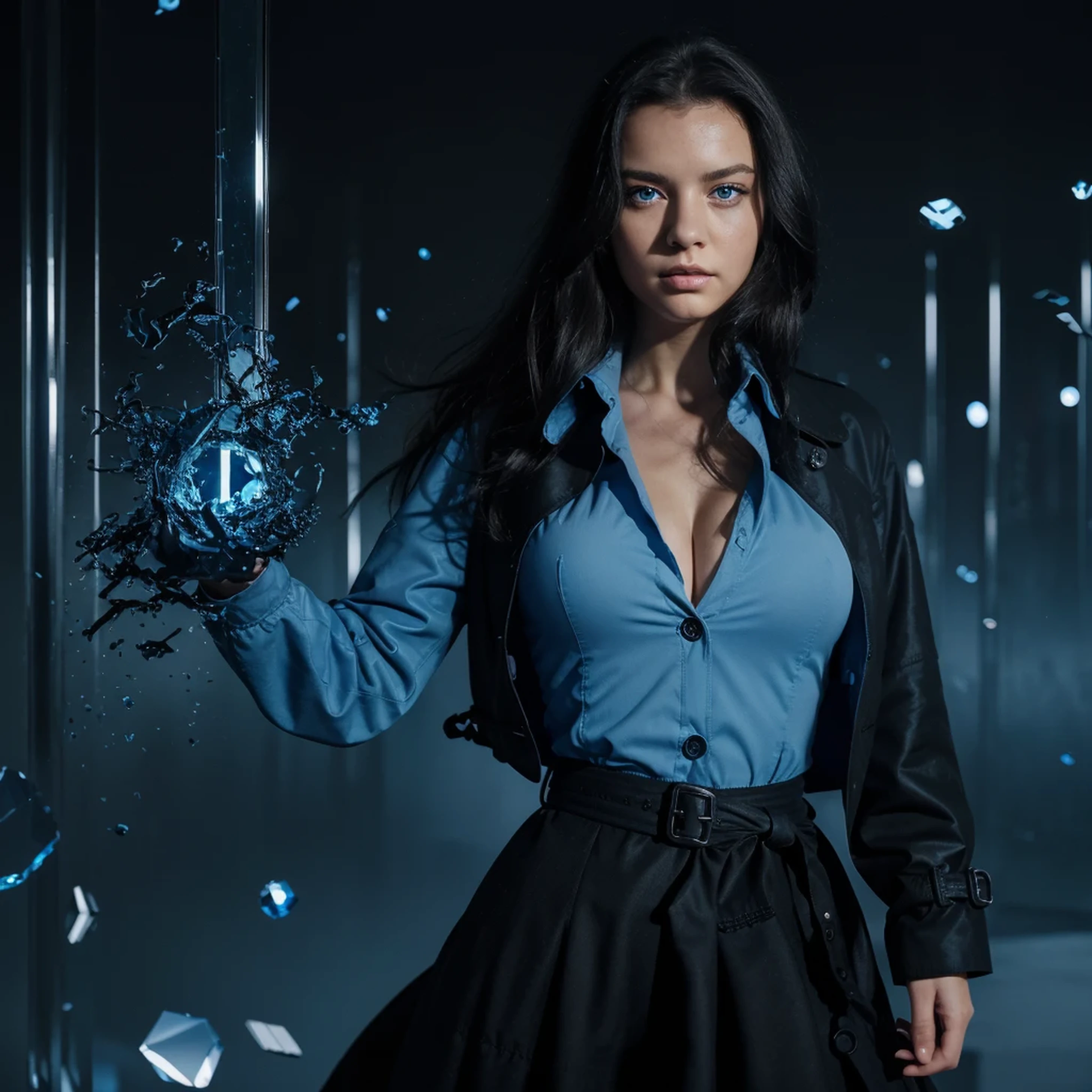 (best quality, masterpiece),(1girl, trench coat,expression face, blue eyes, looking at viewer, black hair, closed mouth, dress shirt, black skirt, hand at viewer), (less blue light, swrling many blue glass pieces behind, floating objects, night sky)