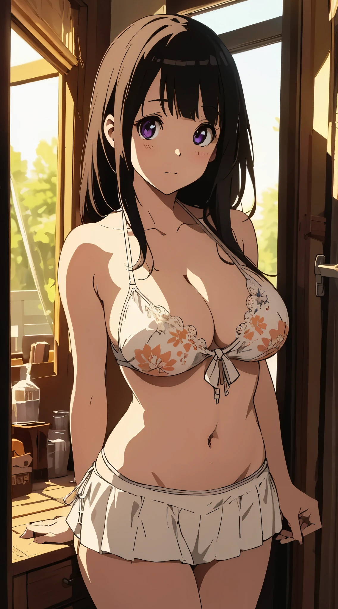 masterpiece, best quality, illustration, highly detailed, chitanda_eru, beautiful detailed eyes, cowboy shot, cleavage, bikini, bikini skirt