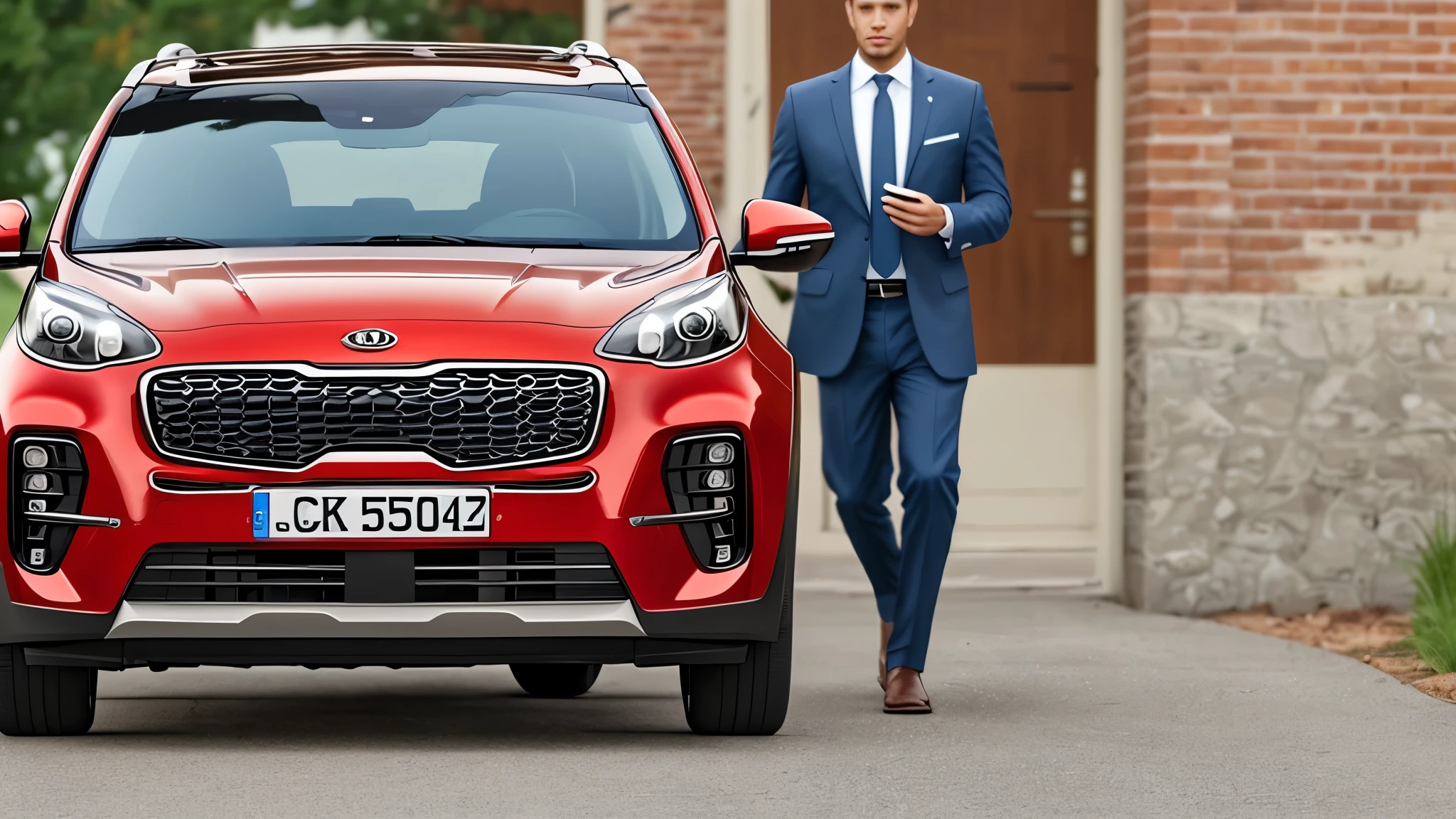A photo of a red, red colour 2021 KIA Sportage parked in front of a residential block on a street, driver's door is opened, opend, out of the car steps a 27-year-old Moldovan man dressed in a white-white shirt, blue-blue tie and black trousers. --auto --s2