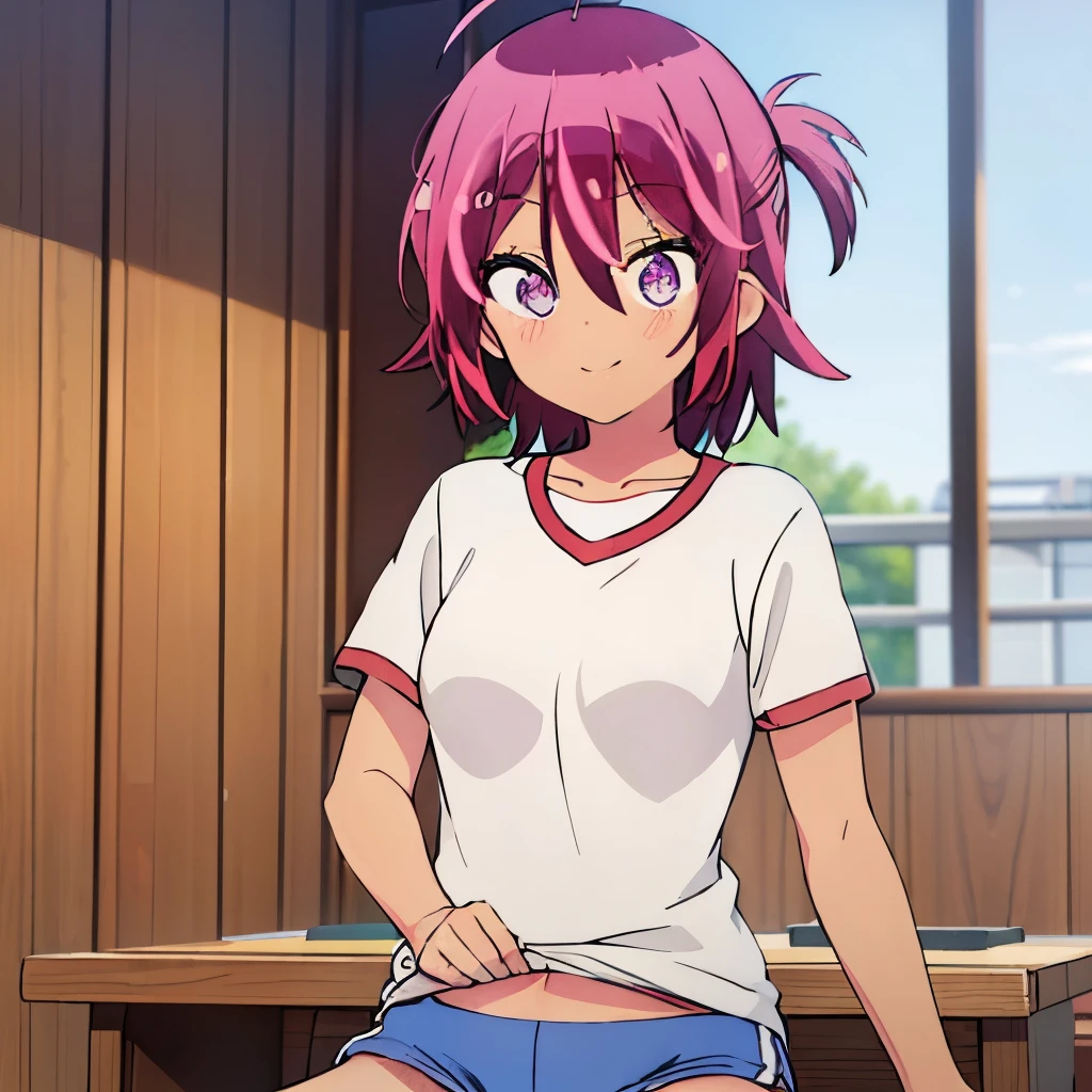 ((masterpiece)), ((best quality)), (ultra-detailed), anime style, a cute girl, 1girl, solo, gym shorts00, ((beautiful eyes))0, smile