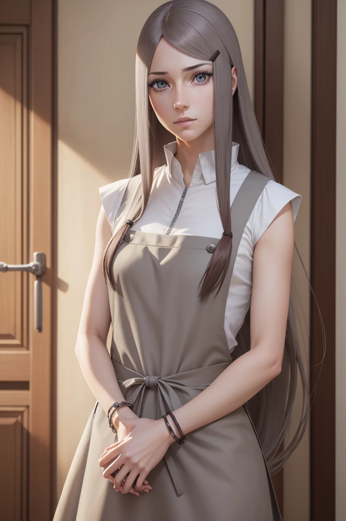 kushina, kushina, long hair, hair ornament, red hair, hairclip, (grey eyes:1.5),
BREAK shirt, dress, jewelry, white shirt, short sleeves, apron, bracelet, green apron, collar,
BREAK looking at viewer, upper body, full body, cowboy shot,
BREAK indoors,
BREAK (masterpiece:1.2), best quality, high resolution, unity 8k wallpaper, (illustration:0.8), (beautiful detailed eyes:1.6), extremely detailed face, perfect lighting, extremely detailed CG, (perfect hands, perfect ),