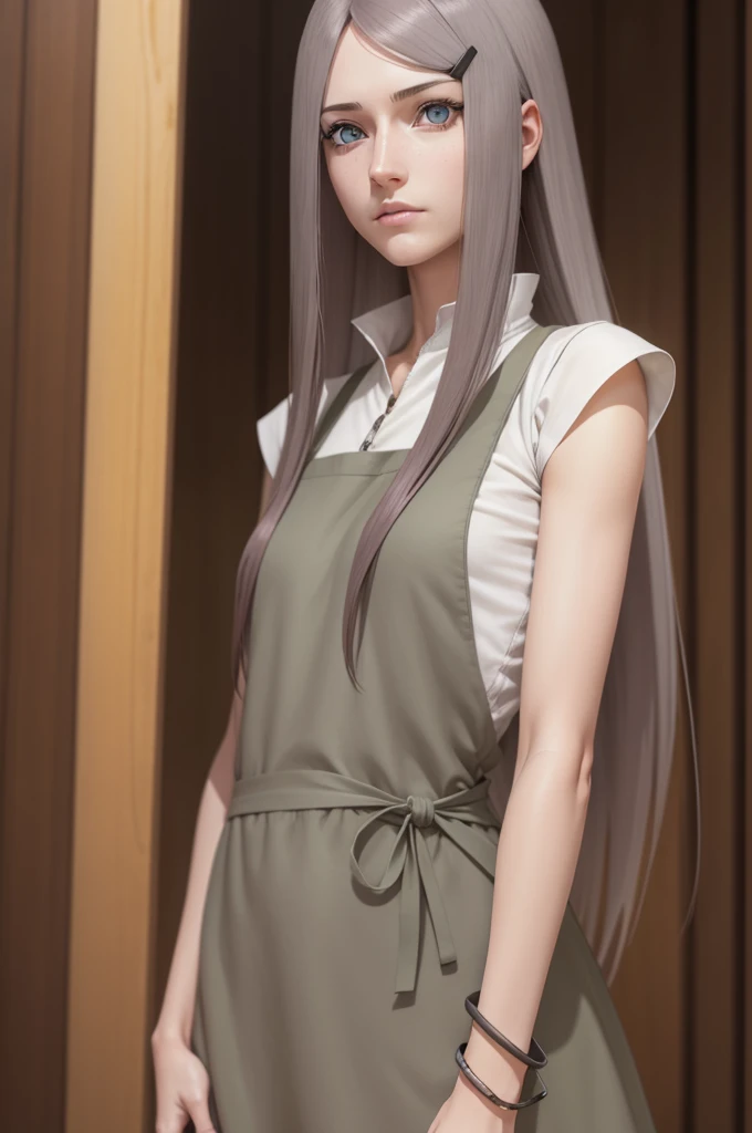kushina, kushina, long hair, hair ornament, red hair, hairclip, (grey eyes:1.5),
BREAK shirt, dress, jewelry, white shirt, short sleeves, apron, bracelet, green apron, collar,
BREAK looking at viewer, upper body, full body, cowboy shot,
BREAK indoors,
BREAK (masterpiece:1.2), best quality, high resolution, unity 8k wallpaper, (illustration:0.8), (beautiful detailed eyes:1.6), extremely detailed face, perfect lighting, extremely detailed CG, (perfect hands, perfect anatomy),