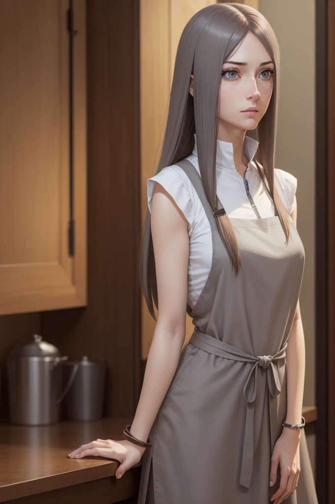 kushina, kushina, long hair, hair ornament, red hair, hairclip, (grey eyes:1.5),
BREAK shirt, dress, jewelry, white shirt, short sleeves, apron, bracelet, green apron, collar,
BREAK looking at viewer, upper body, full body, cowboy shot,
BREAK indoors,
BREAK (masterpiece:1.2), best quality, high resolution, unity 8k wallpaper, (illustration:0.8), (beautiful detailed eyes:1.6), extremely detailed face, perfect lighting, extremely detailed CG, (perfect hands, perfect anatomy),
