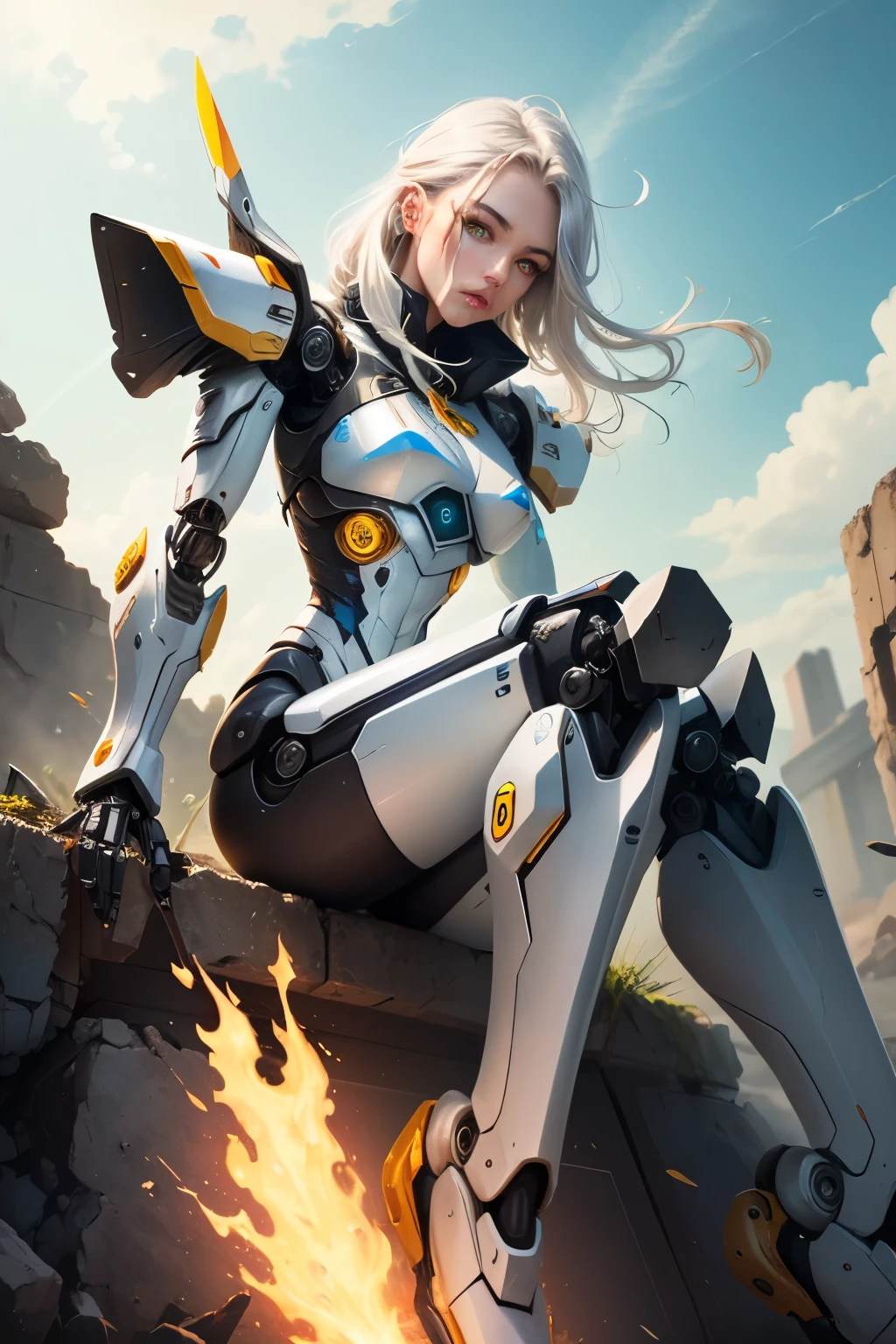 Damaged robot with knives for legs, yellow robotic eyes, and white/silver hair and parts.