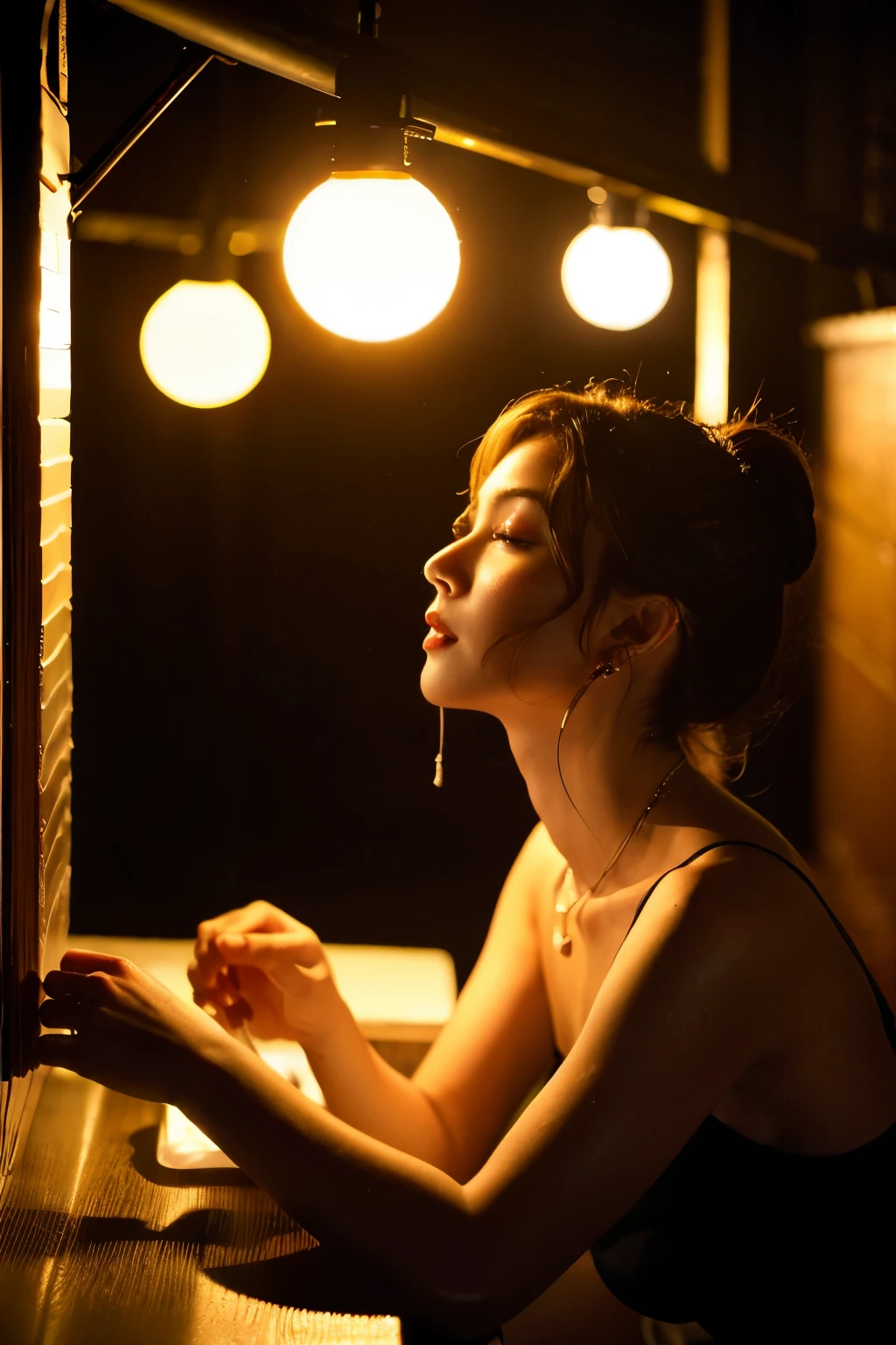Beautiful woman、Very large breasts、Watching the audience、Resolve、A look of determination、Angle from below、Dim lighting、Dark room