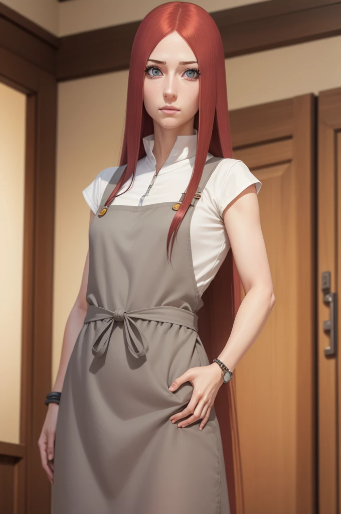 kushina, kushina, long hair, hair ornament, red hair, red head, hairclip, (grey eyes:1.5),
BREAK shirt, dress, jewelry, white shirt, short sleeves, apron, bracelet, green apron, collar,
BREAK looking at viewer, upper body, full body, cowboy shot,
BREAK indoors,
BREAK (masterpiece:1.2), best quality, high resolution, unity 8k wallpaper, (illustration:0.8), (beautiful detailed eyes:1.6), extremely detailed face, perfect lighting, extremely detailed CG, (perfect hands, perfect anatomy),