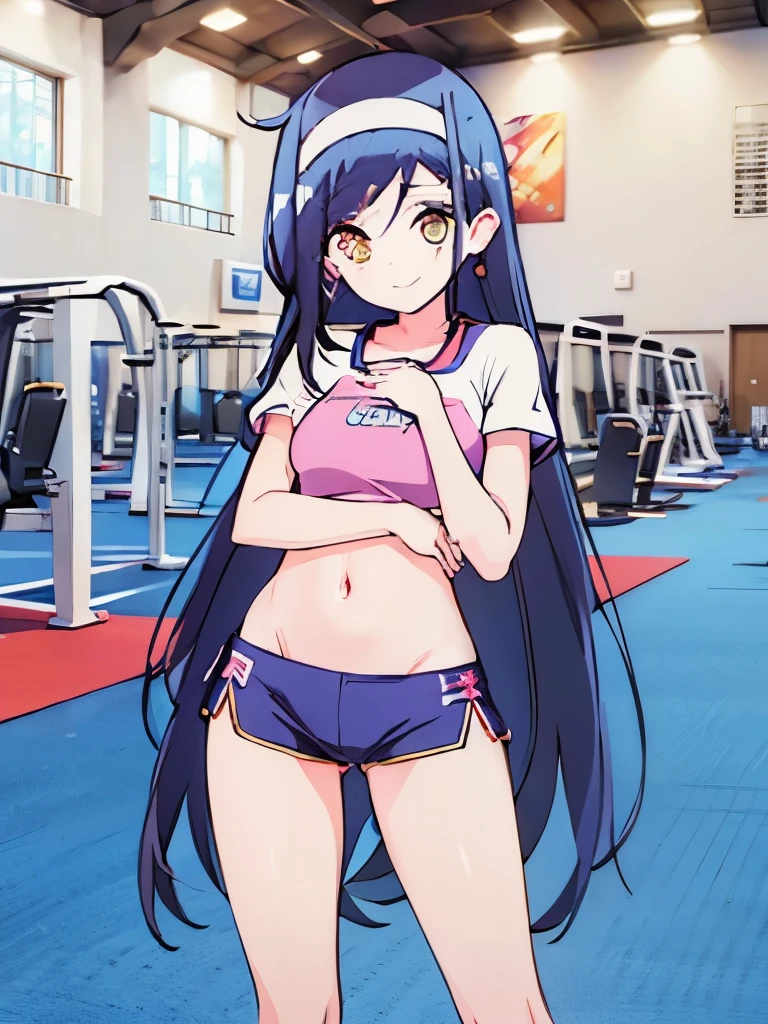 ((masterpiece)), ((best quality)), (ultra-detailed), anime style, a cute girl, 1girl, solo, gym shorts00, ((beautiful eyes))0, smile