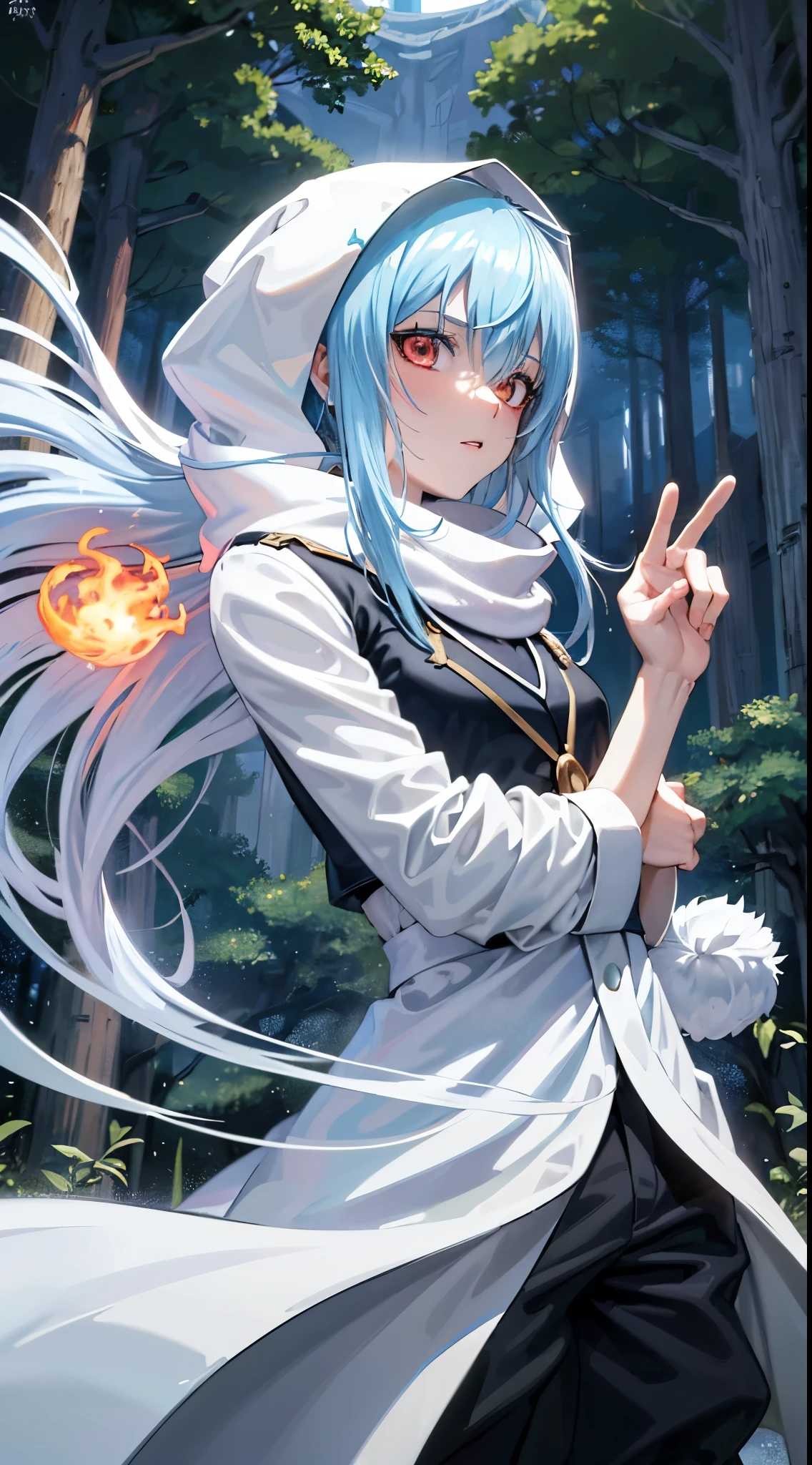 (um personagem adulto de anime tensei shitara slime) Rimuru Tempest, com olhos proeminentes e penetrantes de um (((vermelho escarlate))), who exude an aura of cold determination and a sharp intelligence, (hair is heavenly light blue), fluindo e boca suave e neutra, olhar frio, reflecting an unshakable personality and indomitable spirit, The white hood that covers the character&#39;s head adds a touch of mystery and nobility., complementing its enigmatic and powerful presence, personagem completo, ((( forest setting ))), pele branca, Highly detailed scenery, (using white sheet)