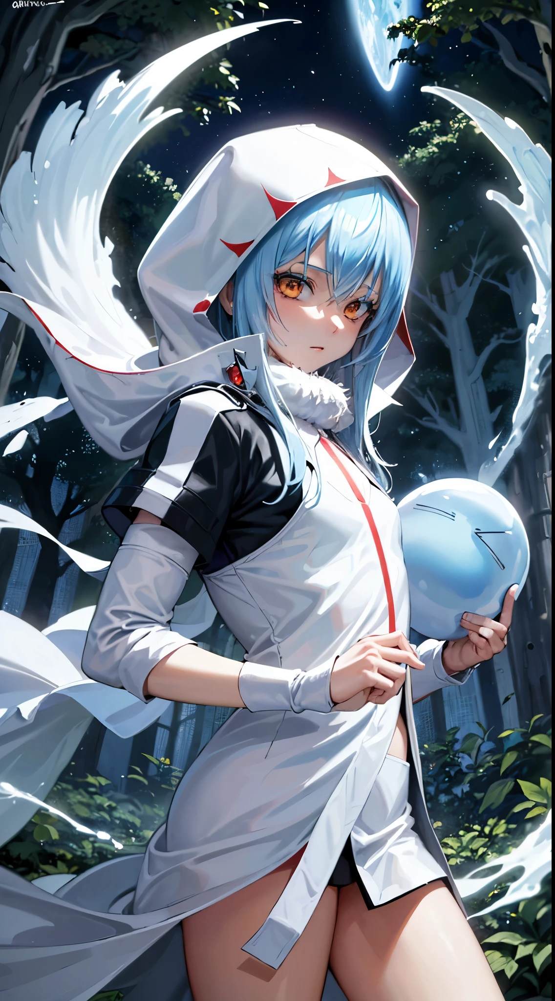 (um personagem adulto de anime tensei shitara slime) Rimuru Tempest, com olhos proeminentes e penetrantes de um (((vermelho escarlate))), who exude an aura of cold determination and a sharp intelligence, (hair is heavenly light blue), fluindo e boca suave e neutra, olhar frio, reflecting an unshakable personality and indomitable spirit, The white hood that covers the character&#39;s head adds a touch of mystery and nobility., complementing its enigmatic and powerful presence, personagem completo, ((( forest setting ))), pele branca, Highly detailed scenery, (using white sheet)