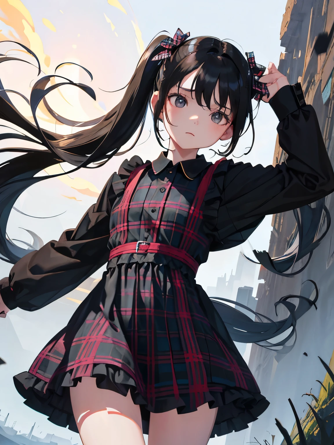 (masterpiece,Highest Quality),(child),((black plaid dress)),(A dark-haired,long twintail),sleepy expression,Delicate body,The wind is blowing