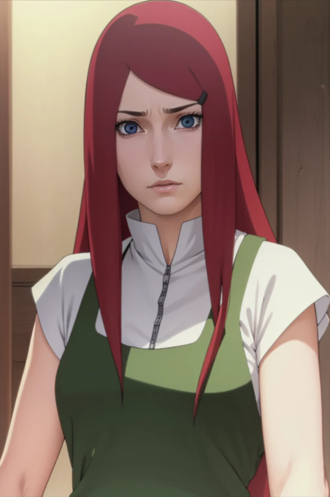 kushina, kushina, long hair, hair ornament, red hair, hairclip, (grey eyes:1.5),
BREAK shirt, dress, jewelry, white shirt, short sleeves, apron, bracelet, green apron, collar,
BREAK looking at viewer, upper body, full body, cowboy shot,
BREAK indoors,
BREAK (masterpiece:1.2), best quality, high resolution, unity 8k wallpaper, (illustration:0.8), (beautiful detailed eyes:1.6), extremely detailed face, perfect lighting, extremely detailed CG, (perfect hands, perfect ),