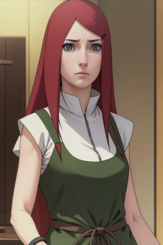 kushina, kushina, long hair, hair ornament, red hair,  red head, hairclip, (grey eyes:1.5),
BREAK shirt, dress, jewelry, white shirt, short sleeves, apron, bracelet, green apron, collar,
BREAK looking at viewer, upper body, full body, cowboy shot,
BREAK indoors,
BREAK (masterpiece:1.2), best quality, high resolution, unity 8k wallpaper, (illustration:0.8), (beautiful detailed eyes:1.6), extremely detailed face, perfect lighting, extremely detailed CG, (perfect hands, perfect anatomy),