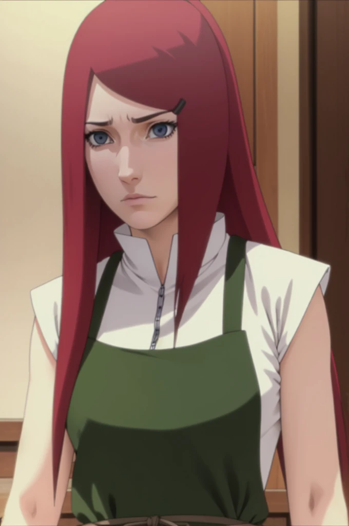 kushina, kushina, long hair, hair ornament, red hair, red head, hairclip, (grey eyes:1.5),
BREAK shirt, dress, jewelry, white shirt, short sleeves, apron, bracelet, green apron, collar,
BREAK looking at viewer, upper body, full body, cowboy shot,
BREAK indoors,
BREAK (masterpiece:1.2), best quality, high resolution, unity 8k wallpaper, (illustration:0.8), (beautiful detailed eyes:1.6), extremely detailed face, perfect lighting, extremely detailed CG, (perfect hands, perfect anatomy),