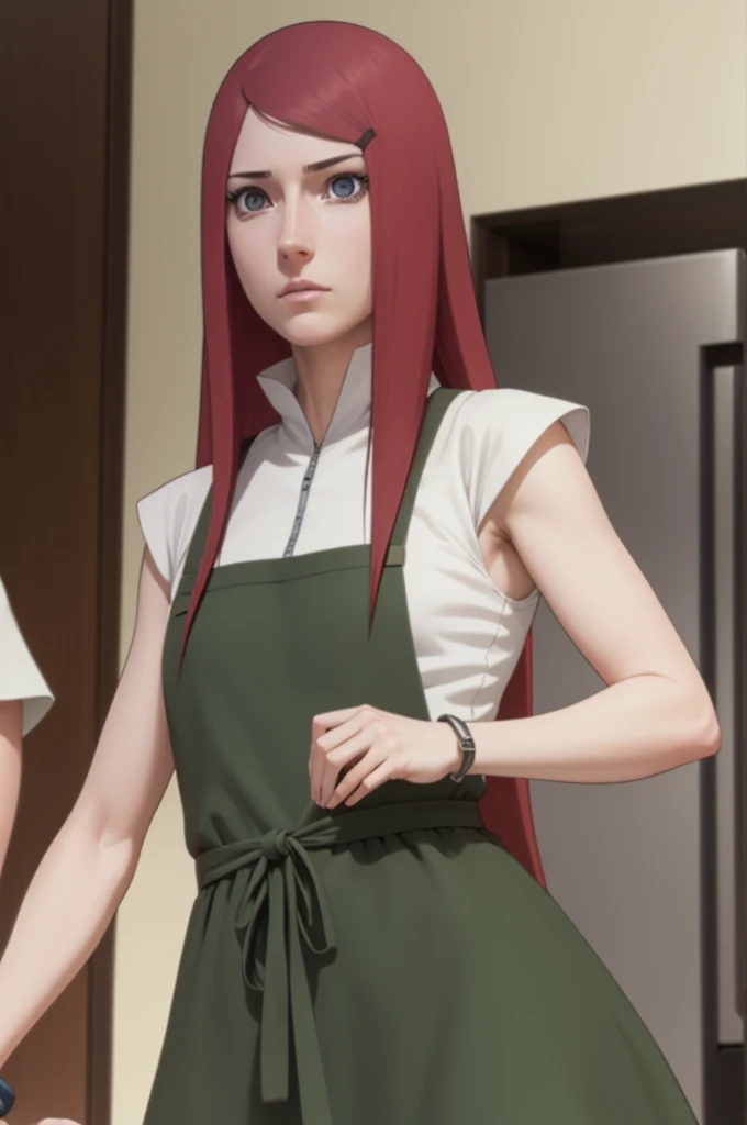 kushina, kushina, long hair, hair ornament, red hair,  red head, hairclip, (grey eyes:1.5),
BREAK shirt, dress, jewelry, white shirt, short sleeves, apron, bracelet, green apron, collar,
BREAK looking at viewer, upper body, full body, cowboy shot,
BREAK indoors,
BREAK (masterpiece:1.2), best quality, high resolution, unity 8k wallpaper, (illustration:0.8), (beautiful detailed eyes:1.6), extremely detailed face, perfect lighting, extremely detailed CG, (perfect hands, perfect anatomy),