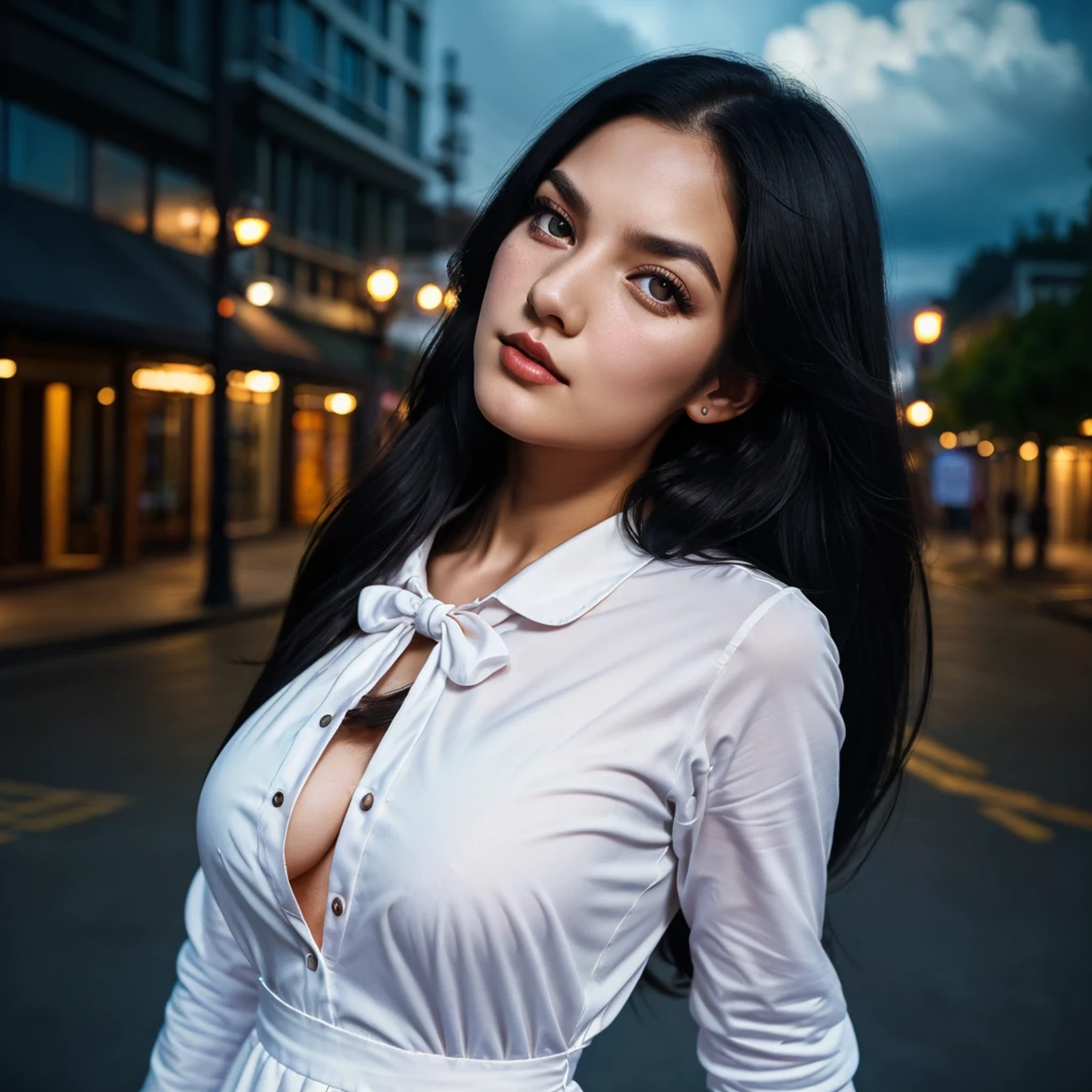 (hyper-realistic), (illustration), (high resolution), (8K), (extremely detailed), (best illustration), Yoru ( Chainsaw Man ), (beautiful detailed eyes), (best quality), (ultra-detailed), (masterpiece), (wallpaper), (detailed face), solo, upper body, focus on face, 1 girl, long black hair, Korean, thin eyeshadow, well-detailed eyes, brown eyes, small moles under the eyes, long sleeve shirt, neck bow, small breasts, pinafore dress, dynamic pose, low lighting, night, dark, clouds, dark night