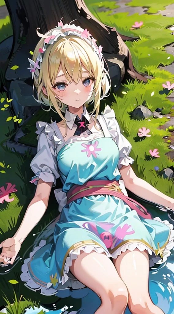 anime styled, High definition illustration, Perfect drawing, Draw anatomically correctly, alice in the wonderland, In the forest where the bright sun shines, beautiful blonde girl lying on the ground, ((seminude:1.5)), Short light blue ruffled dress, Layering a white apron, Disturbed clothing , teats, crotch female genitals