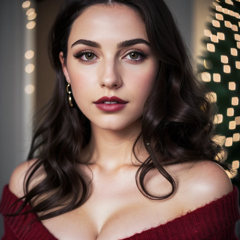 ((Masterpiece)), Wavy brown hair, (Full body), (RAW photo, realism: 1.8), (very dark lip gloss, jet black lipstick, many eyelashes, dark black eye shadow, shy, blushing, high quality, high resolution, depth of field, chromatic aberration, caustic, wide light, natural colors, 30 year old woman), diamond earrings, bracelets, wear many accessories, very soft large breasts, style A good woman, (wearing a off the shoulder Red sweater, Wearing a Red with Black trim low rise skirt, wearing black stockings), hands have four fingers and one thumb. the breasts The shape of the tip is clearly visible, the whole body, beautiful skin, beautiful legs, lots of exposure, very line, body that looks delicious, lips that make you want to kiss, sexy Sitting pose, in a Luxurious Living Room with Christmas lights