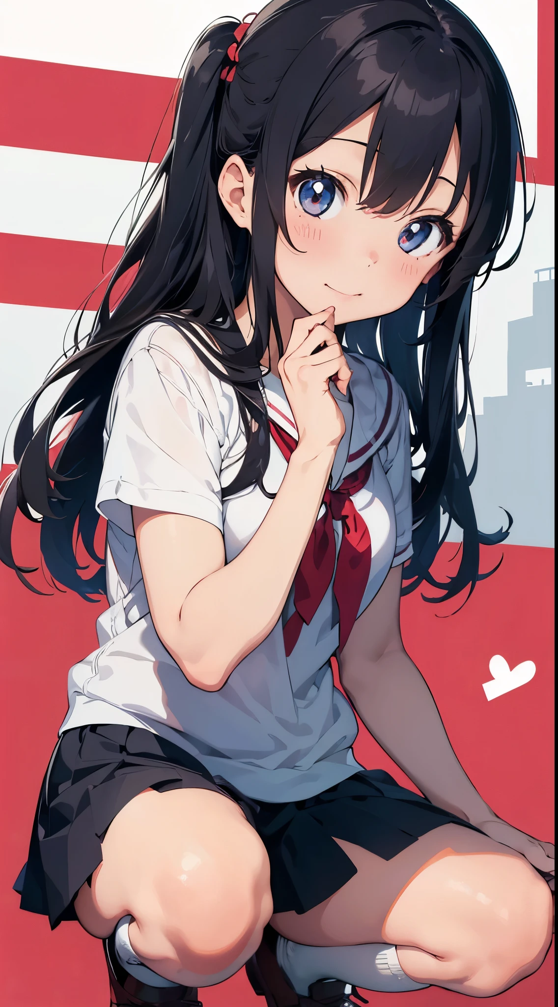 (Best Quality:1.3)、1girl in、hi-school girl、a miniskirt、Squatting、Cute anime illustration、