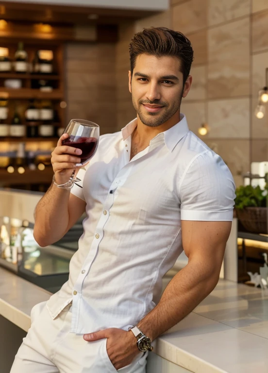 a man in a white shirt holding a glass of wine, attractive male, with a drink, attractive man, commercial photo, man drinking beer, male model, enjoying a glass of wine, handsome man, the greek god of wine, holding a drink, holding a glass of wine, holding glass of wine, handsome male, man in his 30s, sexy masculine