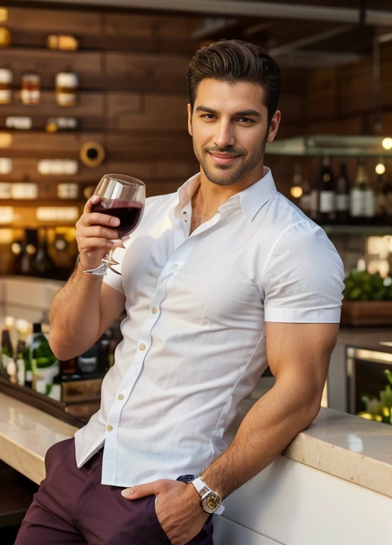 a man in a white shirt holding a glass of wine, attractive male, with a drink, attractive man, commercial photo, man drinking beer, male model, enjoying a glass of wine, handsome man, the greek god of wine, holding a drink, holding a glass of wine, holding glass of wine, handsome male, man in his 30s, sexy masculine