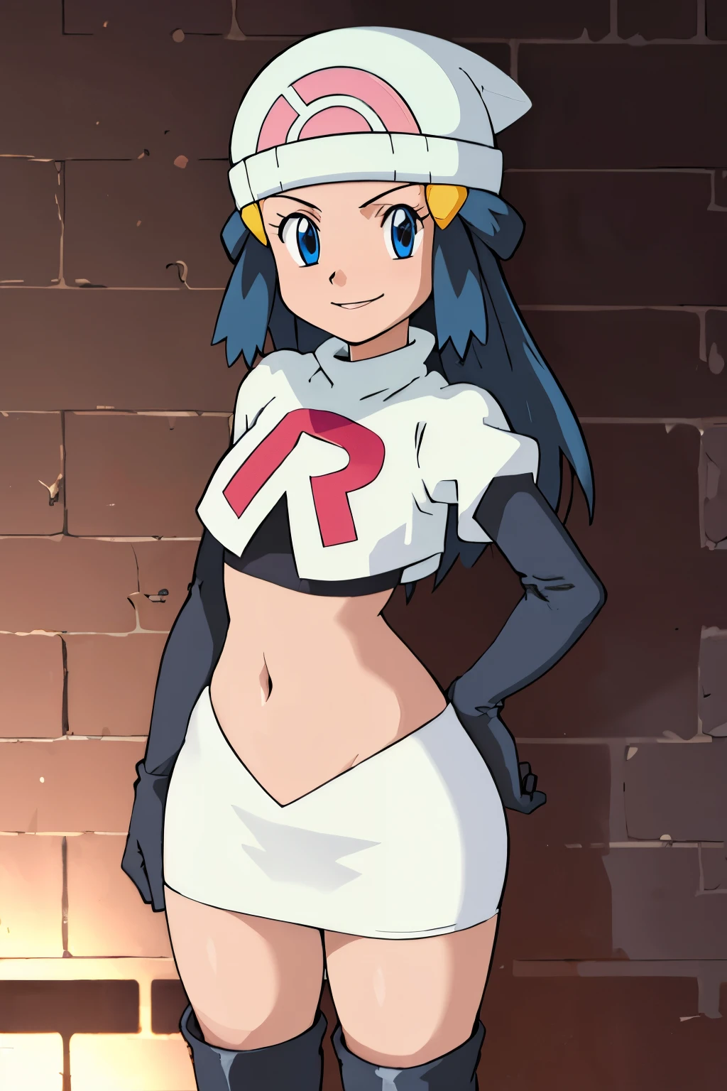 masterpiece, best quality, highres, outdoors, 1girl, solo, dawn (pokemon), hat ,glossy lips ,team rocket uniform, red letter R, white skirt,white crop top,black thigh-high boots, black elbow gloves, evil smile, looking at viewer, cowboy shot