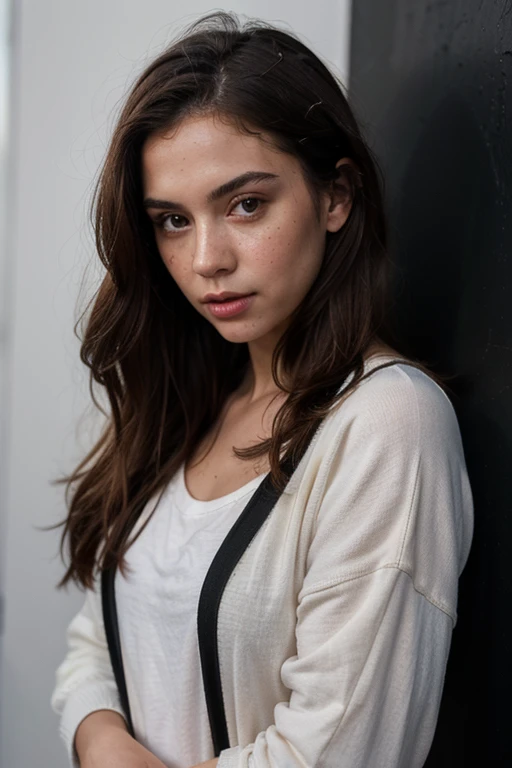 ((best quality)), ((masterpiece)), (detailed), perfect face realistic photo of beautiful woman with long dark brown hair, Russian, influencer, light freckles, dark brown eyes, big lips, no makeup, instagram, standing next to black wall, wearing sexy oversized hoodie dress