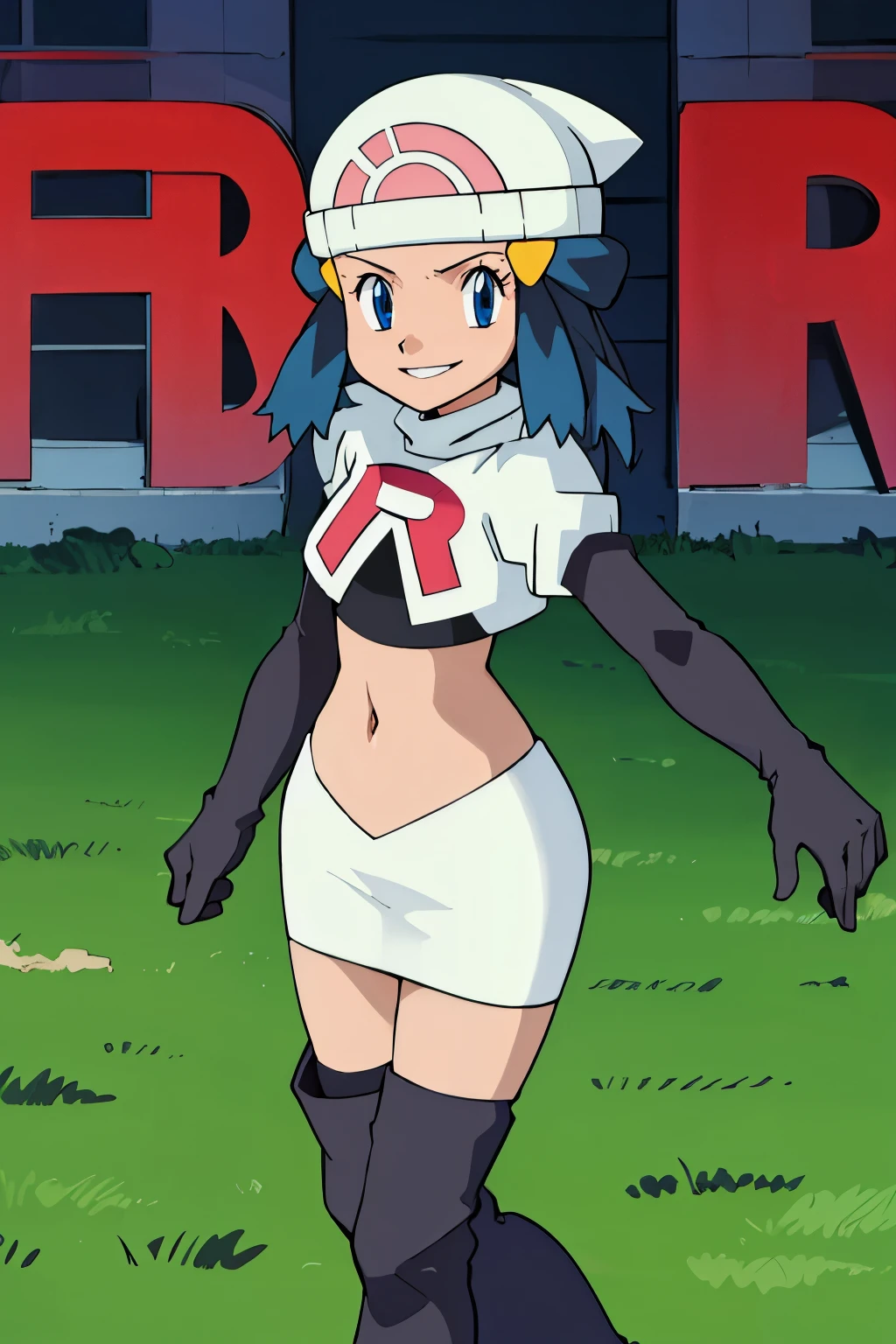 masterpiece, best quality, highres, outdoors, 1girl, solo, dawn (pokemon), hat ,glossy lips ,team rocket uniform, red letter R, white skirt,white crop top,black thigh-high boots, black elbow gloves, evil smile, looking at viewer, cowboy shot