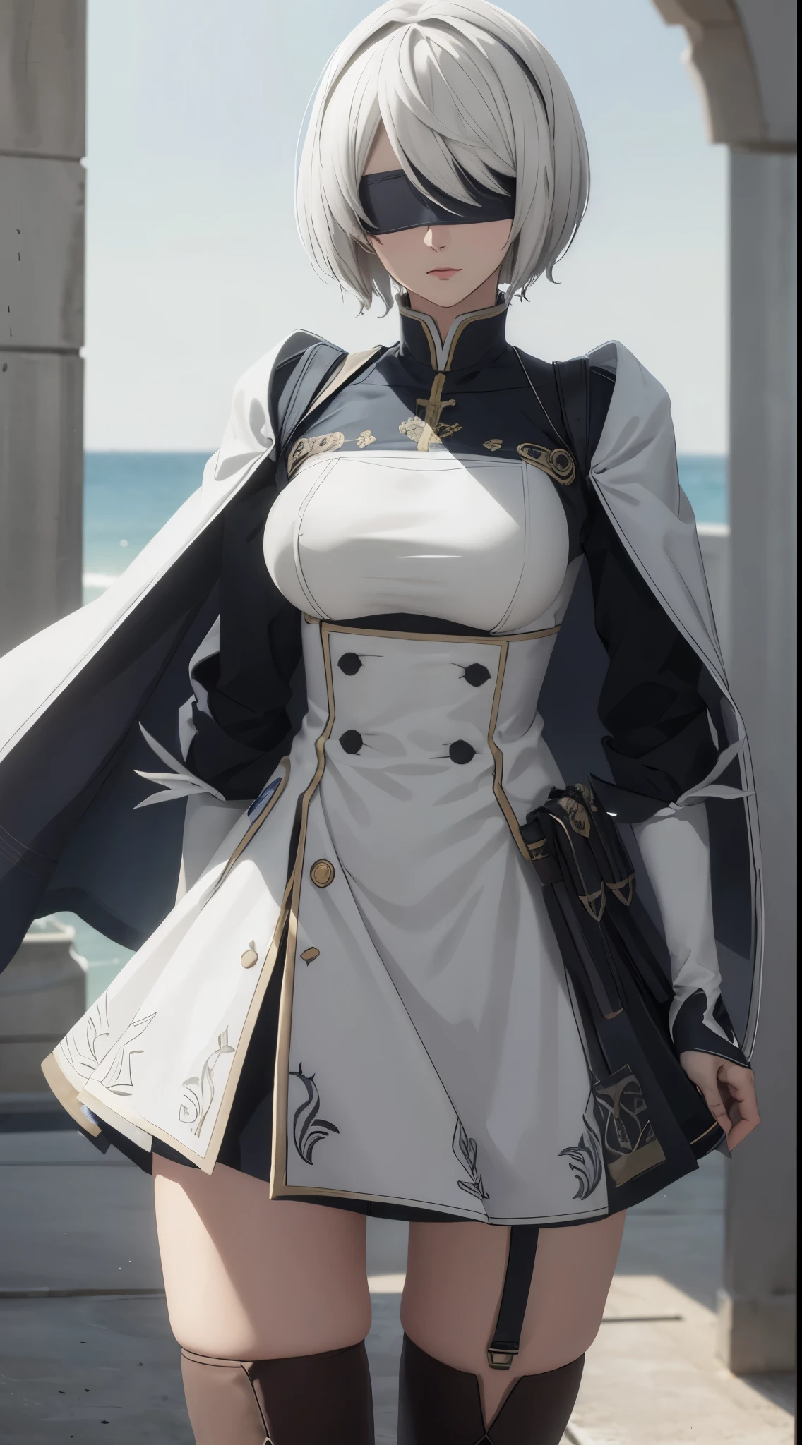 (extremely detailed CG unity 8k wallpaper), (masterpiece), (best quality), (ultra-detailed), (best illustration), (best shadow), (absurdres), 2b, 1girl, short hair, long ponytail, normal size boobs, white hair, blindfold solo, Intimidating women, admiral uniform, night, hero pose, white clothes, General Uniform, Military Uniform, Sunlight, exposed to sunlight,commander, cape, fighting, ((beautiful fantasy girl)), (Master Part: 1.2), Best Quality, High Resolution, photorealestic, photogenic, Unity 8k壁纸, perfect lighting, (perfect arms, perfect anatomy) beatiful face, intricate details, Detalhes realistas, the anime, The Perfect Girl, perfect details, Ultra HD |, 8K, Professional photo