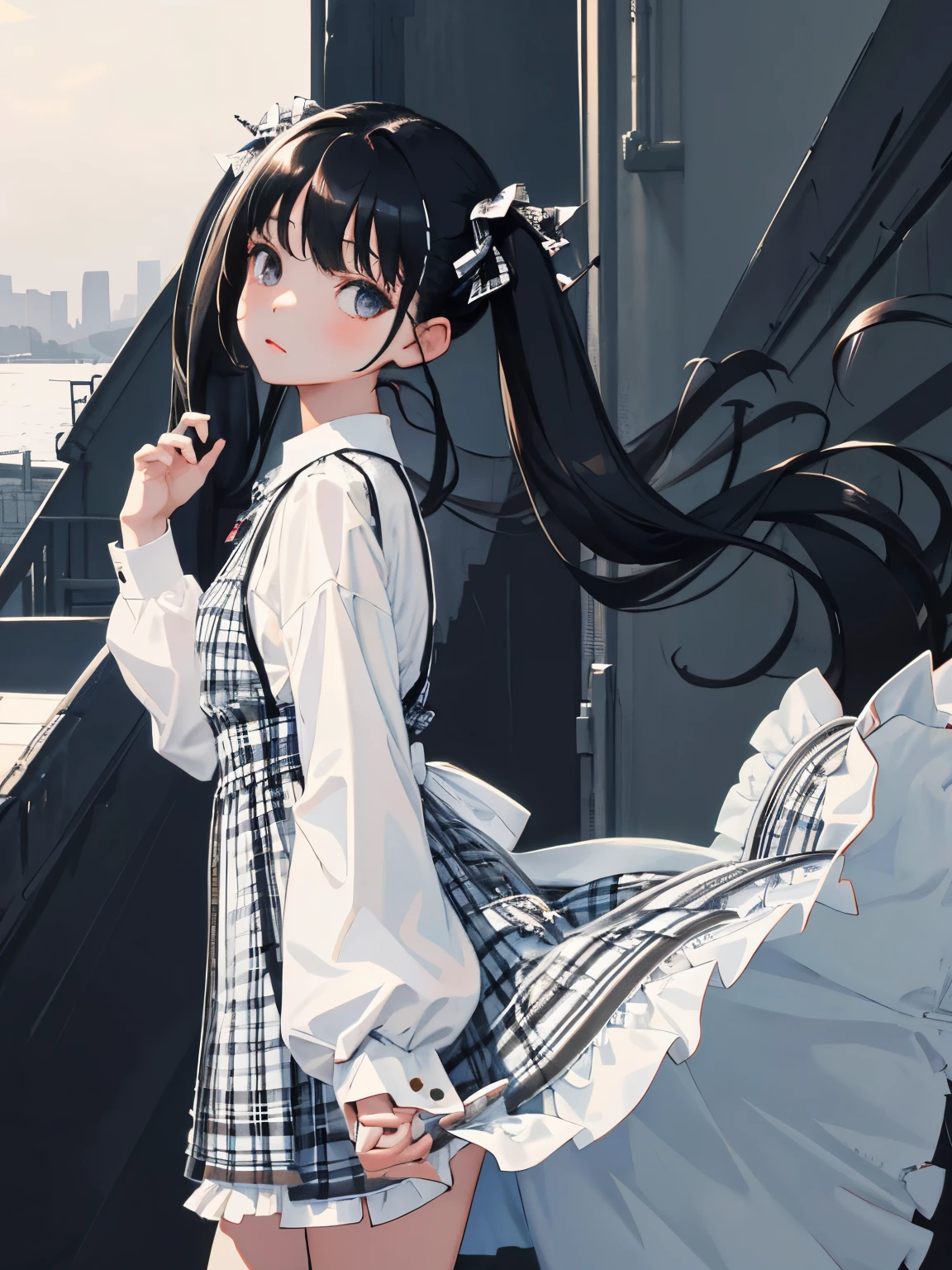 （​masterpiece，Highest Quality），(child)，((black and white plaid dress))，(A dark-haired，long twintail)，sleepy expression，Delicate body，The wind is blowing