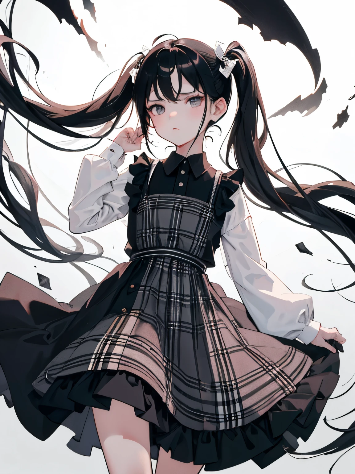 （​masterpiece，Highest Quality），(child)，((black and white plaid dress))，(A dark-haired，long twintail)，sleepy expression，Delicate body，The wind is blowing