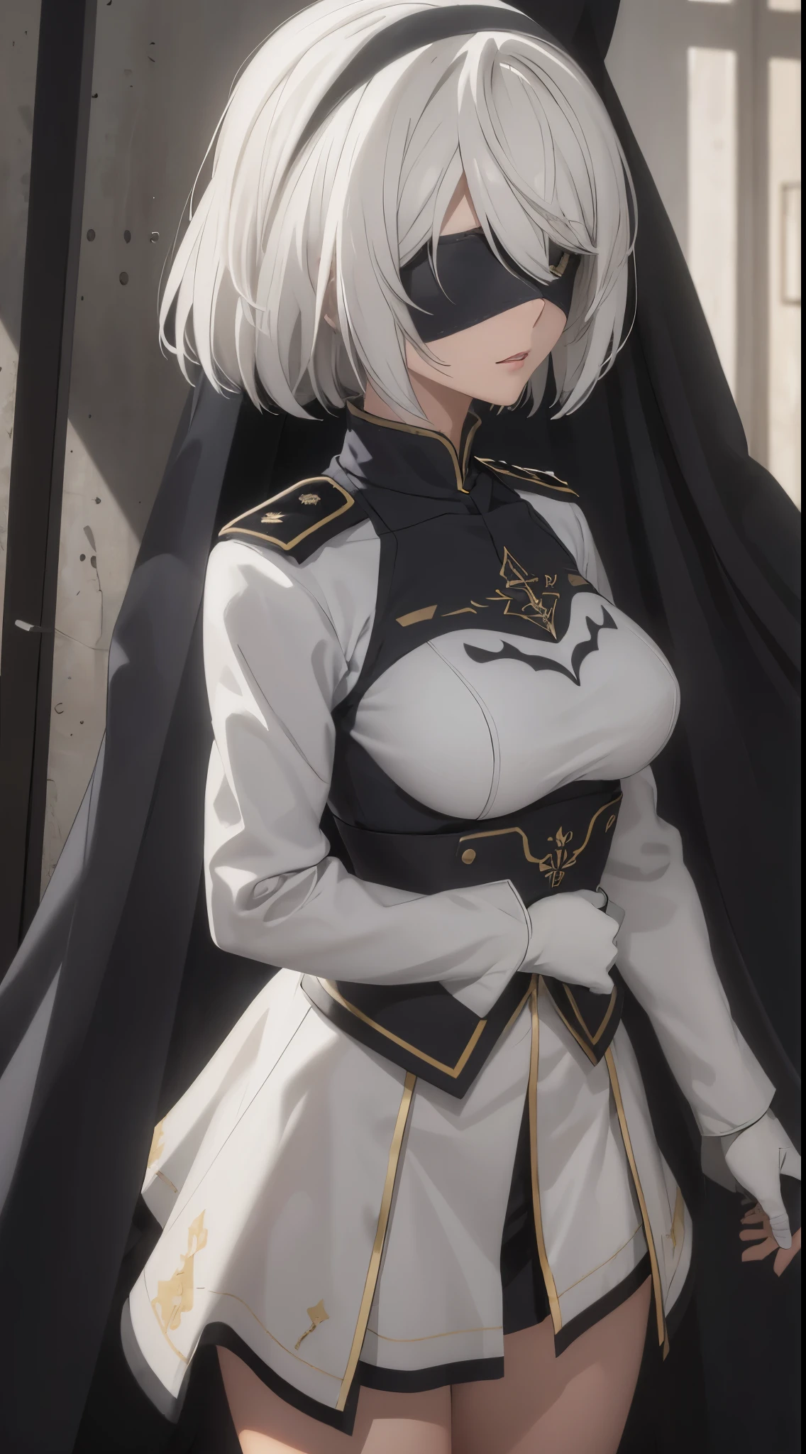 (extremely detailed CG unity 8k wallpaper), (masterpiece), (best quality), (ultra-detailed), (best illustration), (best shadow), (absurdres), 2b, 1girl, short hair, long ponytail, normal size boobs, white hair, blindfold solo, Intimidating women, admiral uniform, night, hero pose, white clothes, General Uniform, Military Uniform, Sunlight, exposed to sunlight,commander, cape, fighting, ((beautiful fantasy girl)), (Master Part: 1.2), Best Quality, High Resolution, photorealestic, photogenic, Unity 8k壁纸, perfect lighting, (perfect arms, perfect anatomy) beatiful face, intricate details, Detalhes realistas, the anime, The Perfect Girl, perfect details, Ultra HD |, 8K, Professional photo