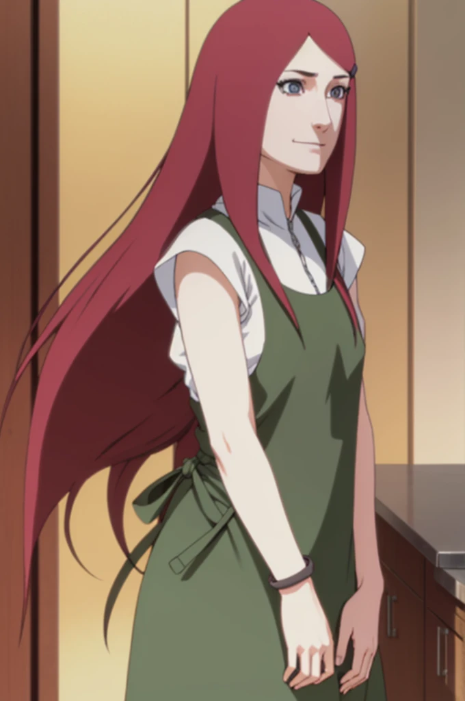 kushina, kushina, long hair, hair ornament, red hair, hairclip, (grey eyes:1.5),
BREAK shirt, dress, jewelry, white shirt, short sleeves, apron, bracelet, green apron, collar,
BREAK looking at viewer, upper body, full body, cowboy shot,
BREAK indoors,
BREAK (masterpiece:1.2), best quality, high resolution, unity 8k wallpaper, (illustration:0.8), (beautiful detailed eyes:1.6), extremely detailed face, perfect lighting, extremely detailed CG, (perfect hands, perfect ),