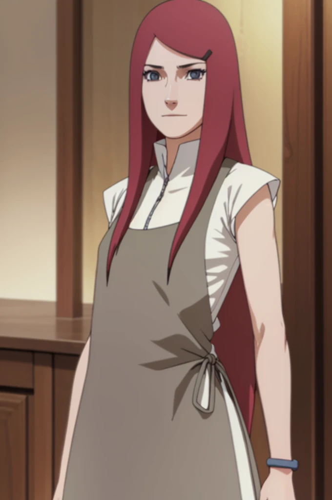 kushina, kushina, long hair, hair ornament, red hair, red head, hairclip, (grey eyes:1.5),
BREAK shirt, dress, jewelry, white shirt, short sleeves, apron, bracelet, green apron, collar, smiling,
BREAK looking at viewer, upper body, full body, cowboy shot,
BREAK indoors,
BREAK (masterpiece:1.2), best quality, high resolution, unity 8k wallpaper, (illustration:0.8), (beautiful detailed eyes:1.6), extremely detailed face, perfect lighting, extremely detailed CG, (perfect hands, perfect anatomy),