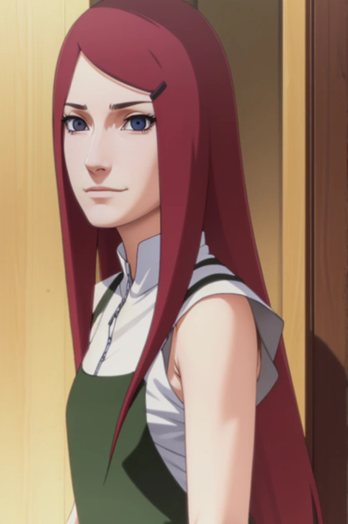 kushina, kushina, long hair, hair ornament, red hair,  red head, hairclip, (grey eyes:1.5),
BREAK shirt, dress, jewelry, white shirt, short sleeves, apron, bracelet, green apron, collar, smiling, 
BREAK looking at viewer, upper body, full body, cowboy shot,
BREAK indoors,
BREAK (masterpiece:1.2), best quality, high resolution, unity 8k wallpaper, (illustration:0.8), (beautiful detailed eyes:1.6), extremely detailed face, perfect lighting, extremely detailed CG, (perfect hands, perfect anatomy),