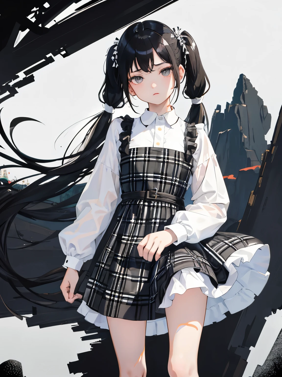 (masterpiece,Highest Quality),(),((black and white plaid dress)),(A dark-haired,long twintail),sleepy expression,Delicate body,The wind is blowing