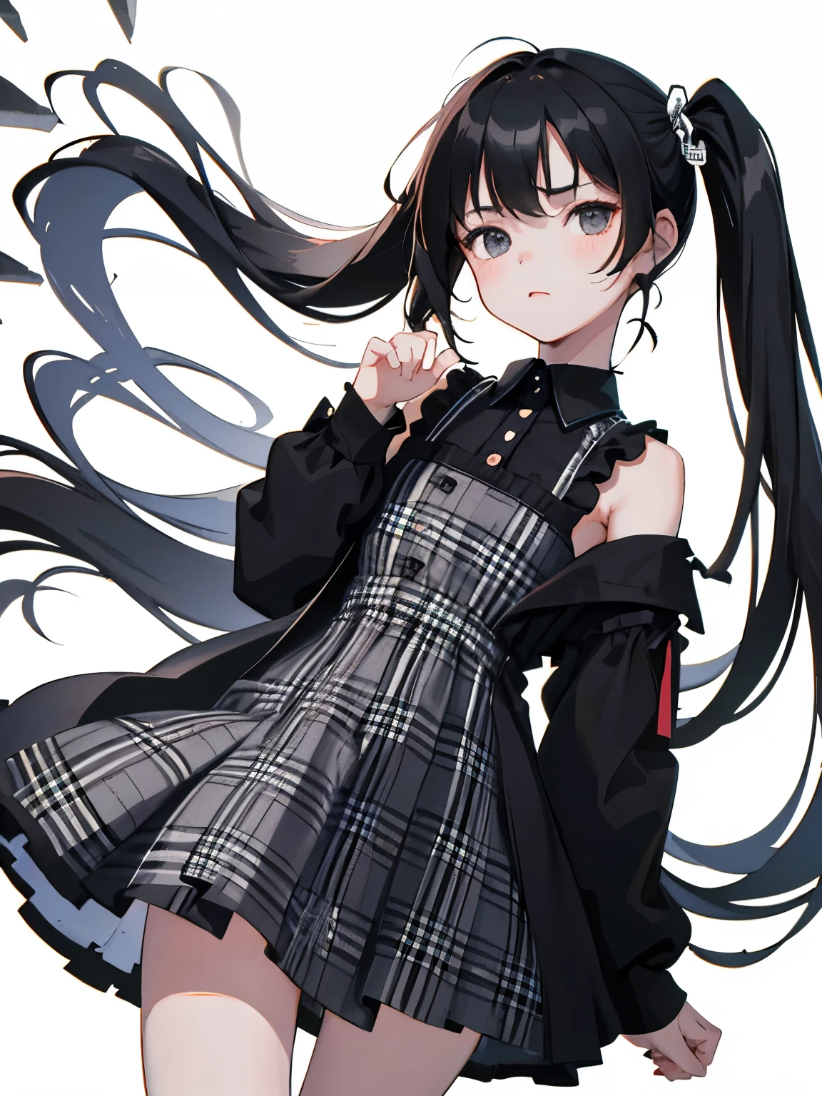 (masterpiece,Highest Quality),(child),((black and white plaid dress)),(A dark-haired,long twintail),sleepy expression,Delicate body,The wind is blowing