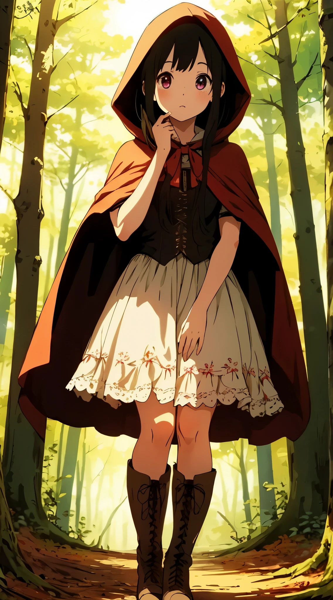 masterpiece, best quality, illustration, highly detailed, chitanda_eru, beautiful detailed eyes, little red riding hood, boots, forest